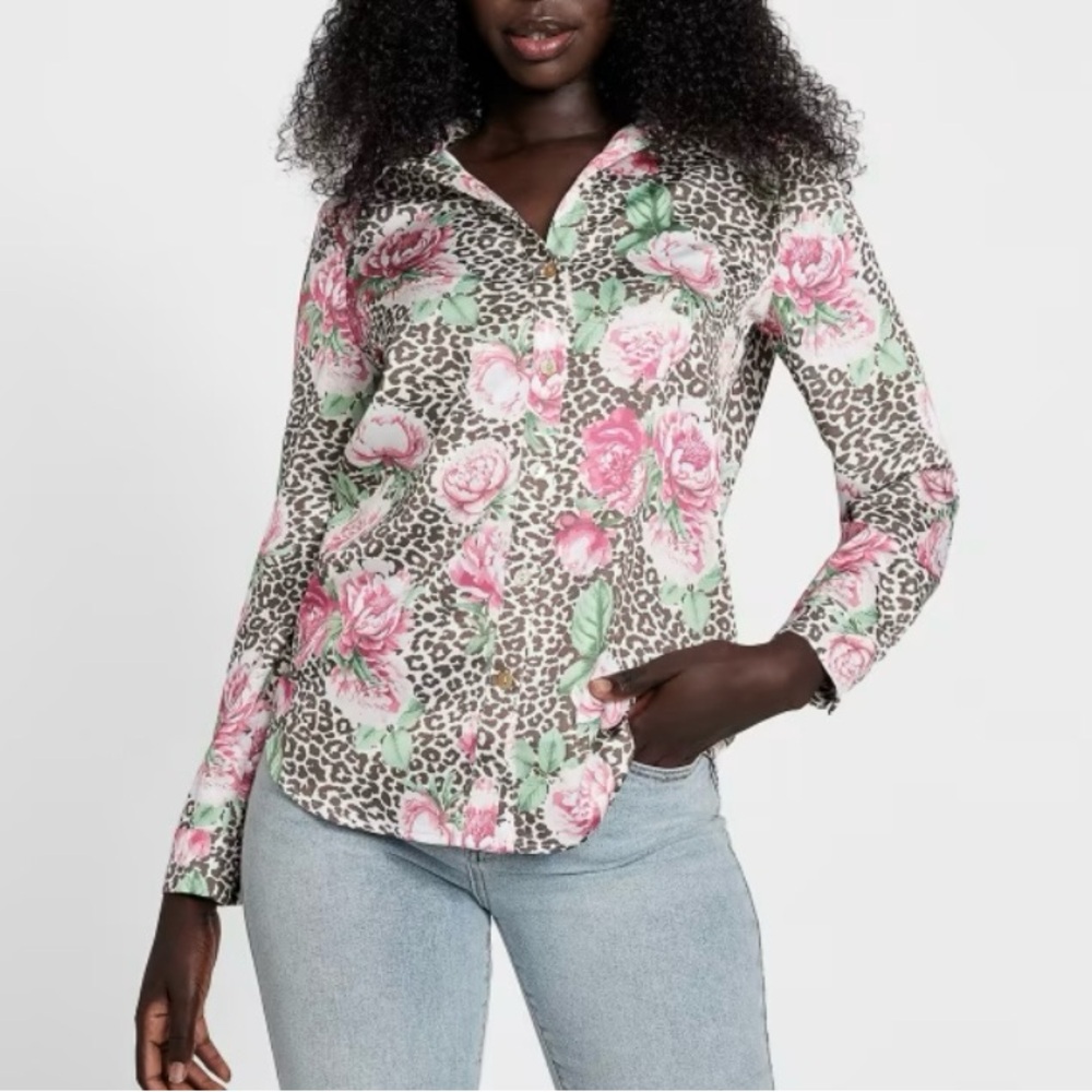 NWT Guess Vianca Leopard & Roses Printed Satin Shirt Women’s Size Large